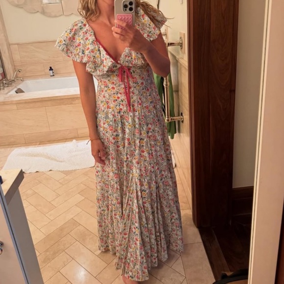 Doen Audette Cotton Ruffle Bow Ribbon Floral V Neck Maxi Dress Sunrise Blooms - Picture 1 of 16